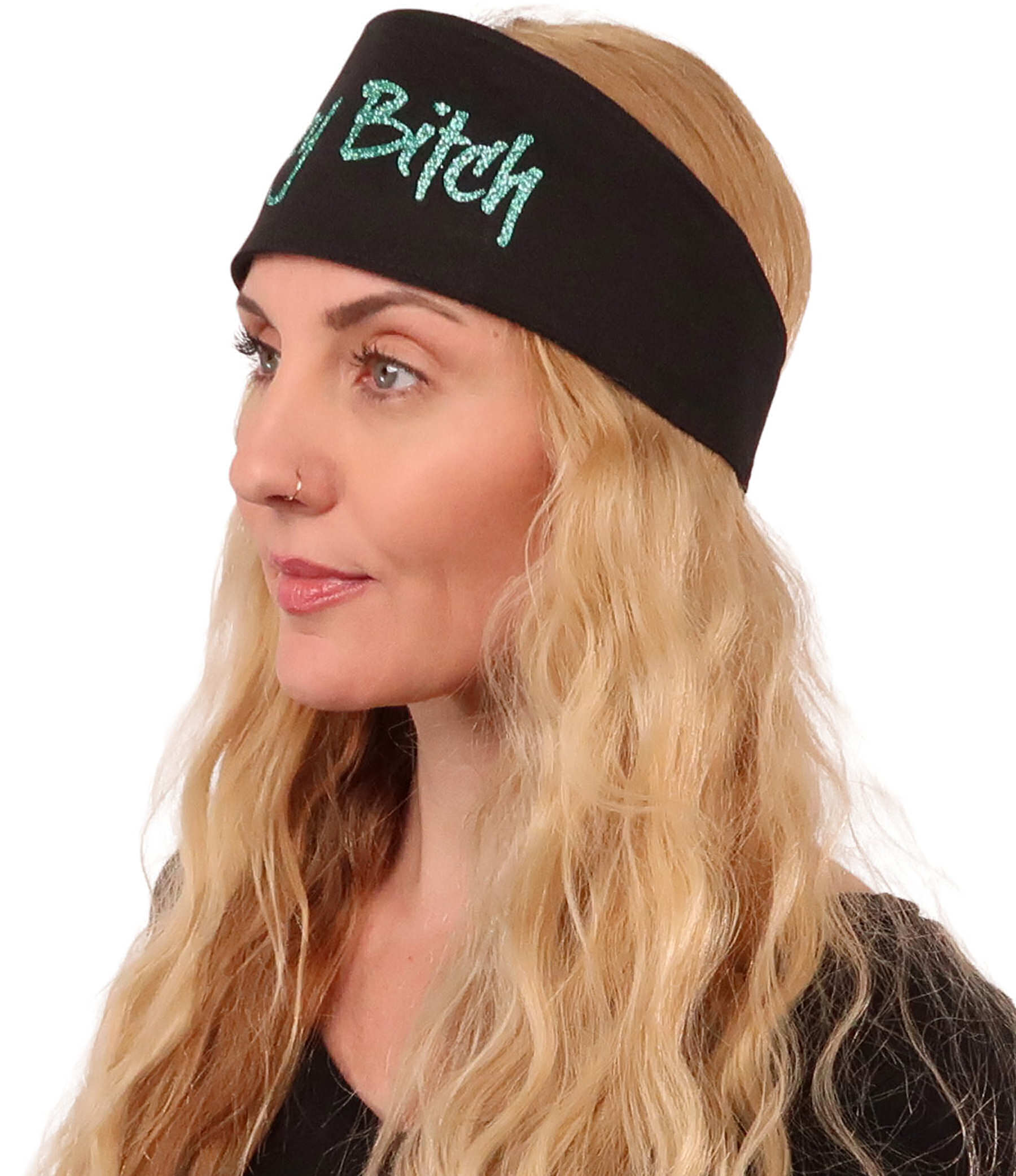 Embellished Chop Top Doo Wrap – Bold Biker Bandana with Exclusive Bling - Black Chop Top with Glitter Teal Crazy Bitch