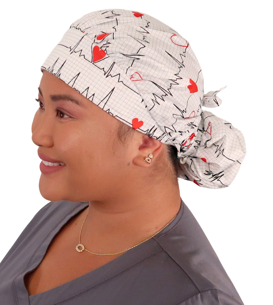 Banded Bouffant Surgical Scrub Cap - Heartbeats on White