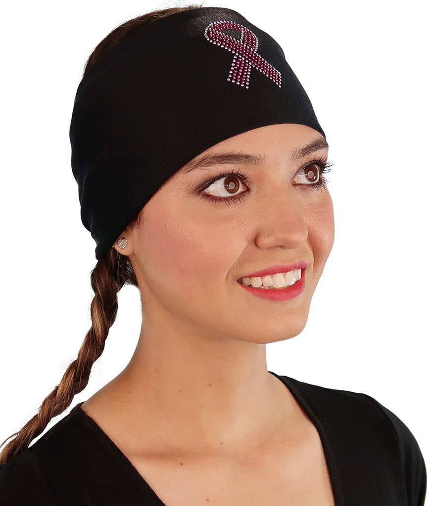 Embellished Reversible Stretch Headband – Stylish Comfortable & USA-Made - Black Headband with Pink Ribbon Rhinestud