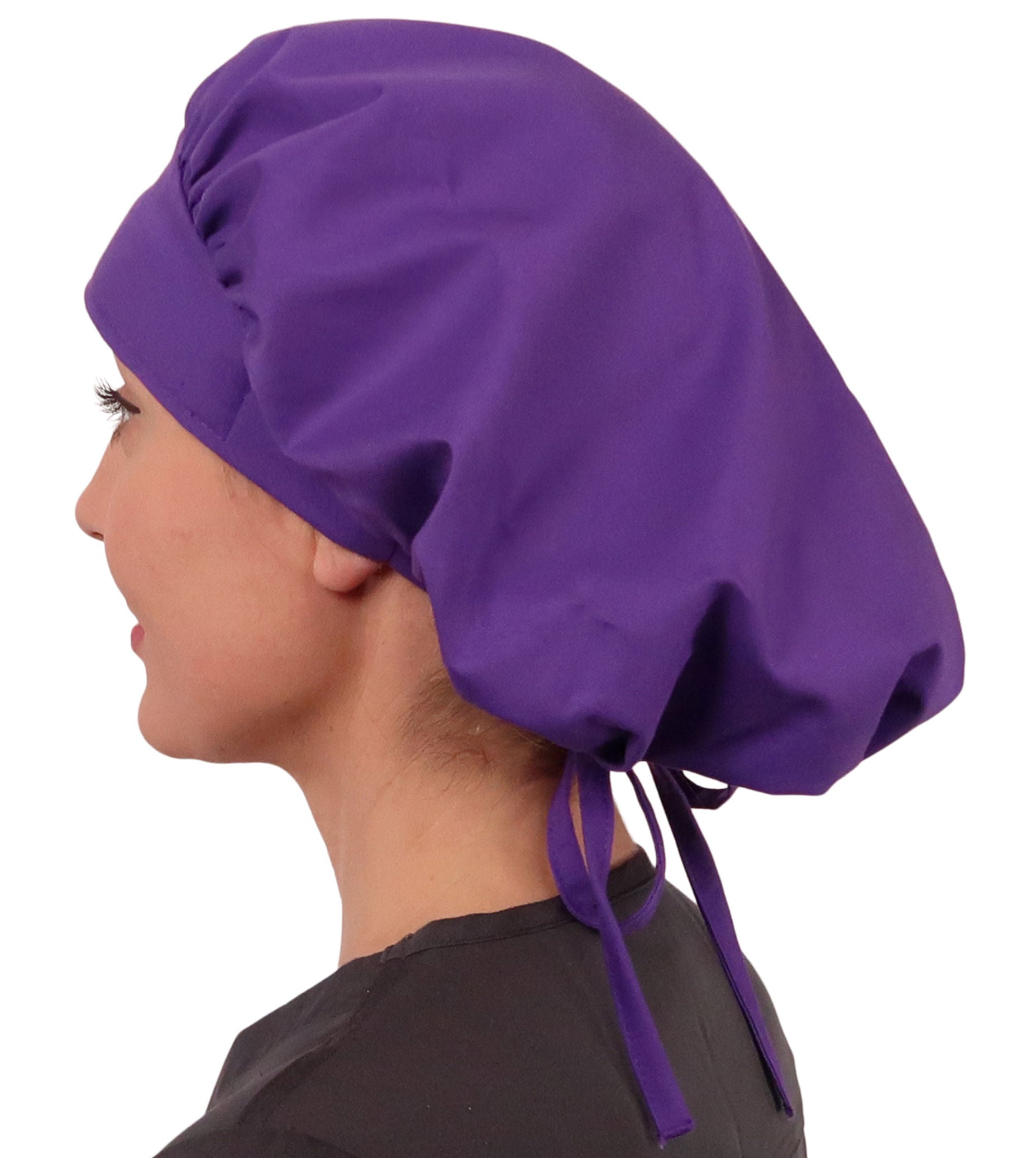 Side Facing Untied View of a Woman Wearing a Tied Back Banded Bouffant Ponytail Surgical Scrub Cap - Solid Purple Fabric