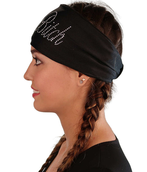 Embellished Stretch Headband - Black Headband with Silver Fancy Crazy Bitch Rhinestud Design