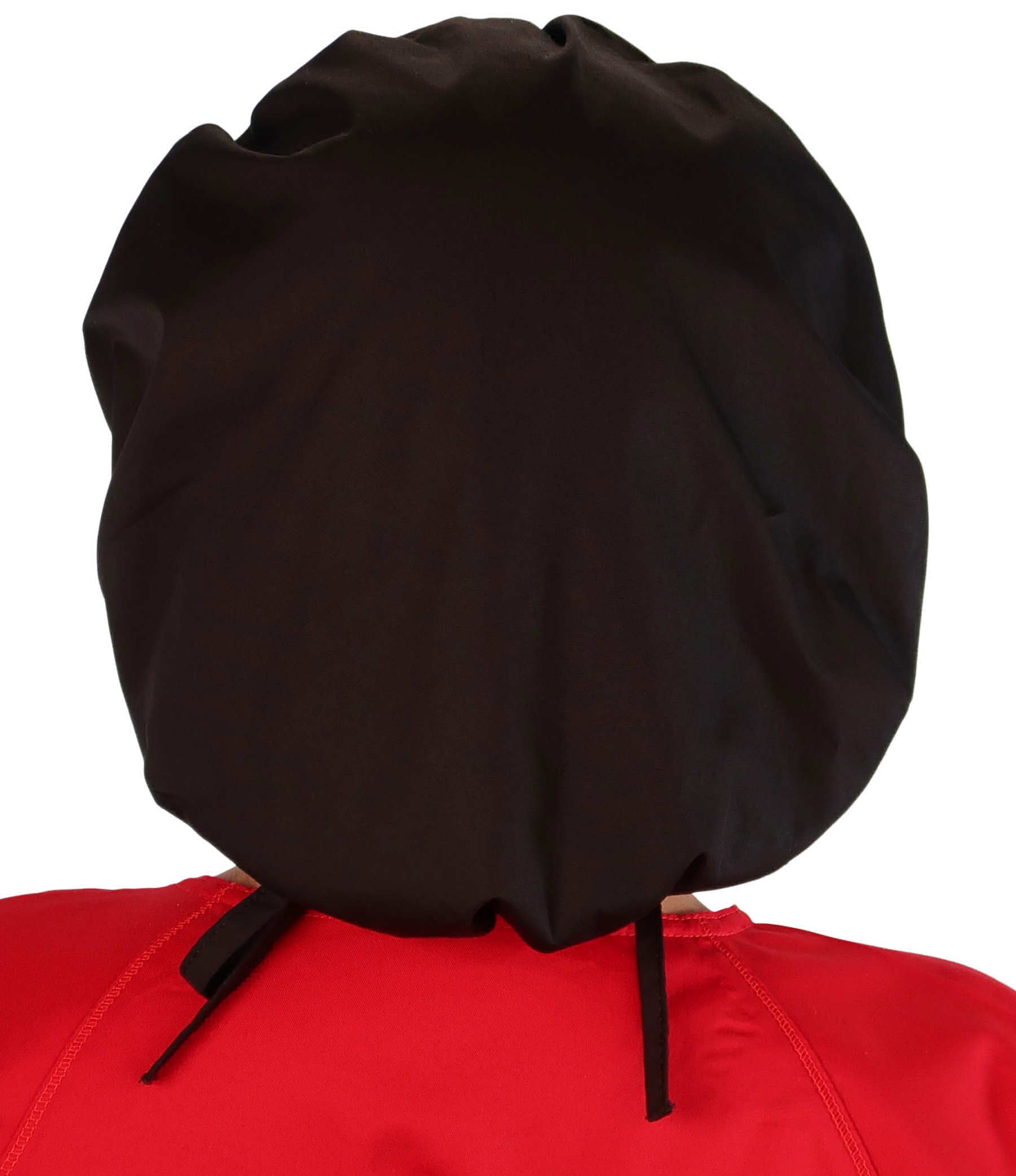 Back Facing Untied View of a Woman Wearing a Banded Bouffant Ponytail Surgical Scrub Cap - Heart Stethoscope Patch on Black Fabric 