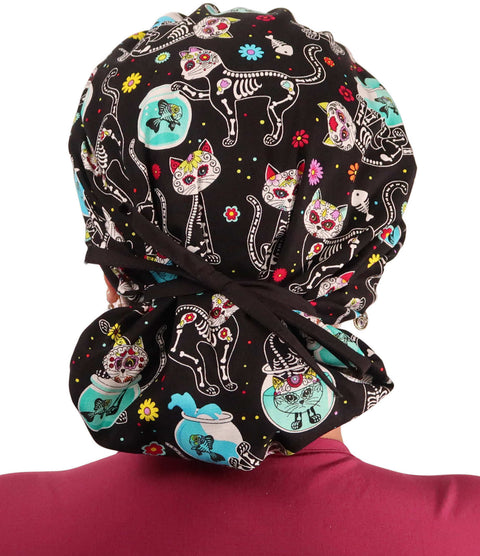Designer Banded Bouffant Surgical Cap - X - Ray Cats with Black Ties - Designer Banded Bouffant Surgical Caps - Sparkling EARTH