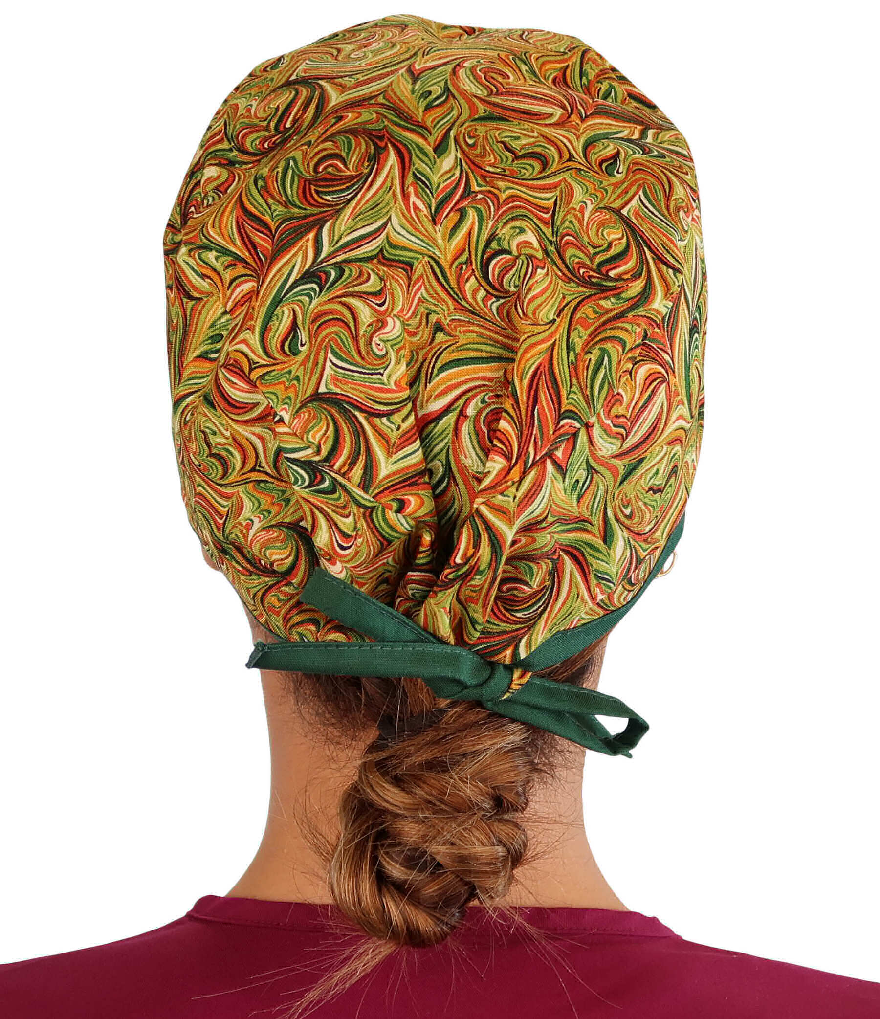 Side Facing View of a Woman Wearing a Classic Cotton Surgical Scrub Cap - Fall Autumn Harvest Swirls with Green Ties Pattern.