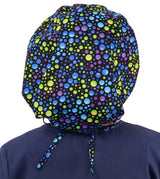 Designer Banded Bouffant Surgical Scrub Cap - Blue, Green & Purple Dots on Black