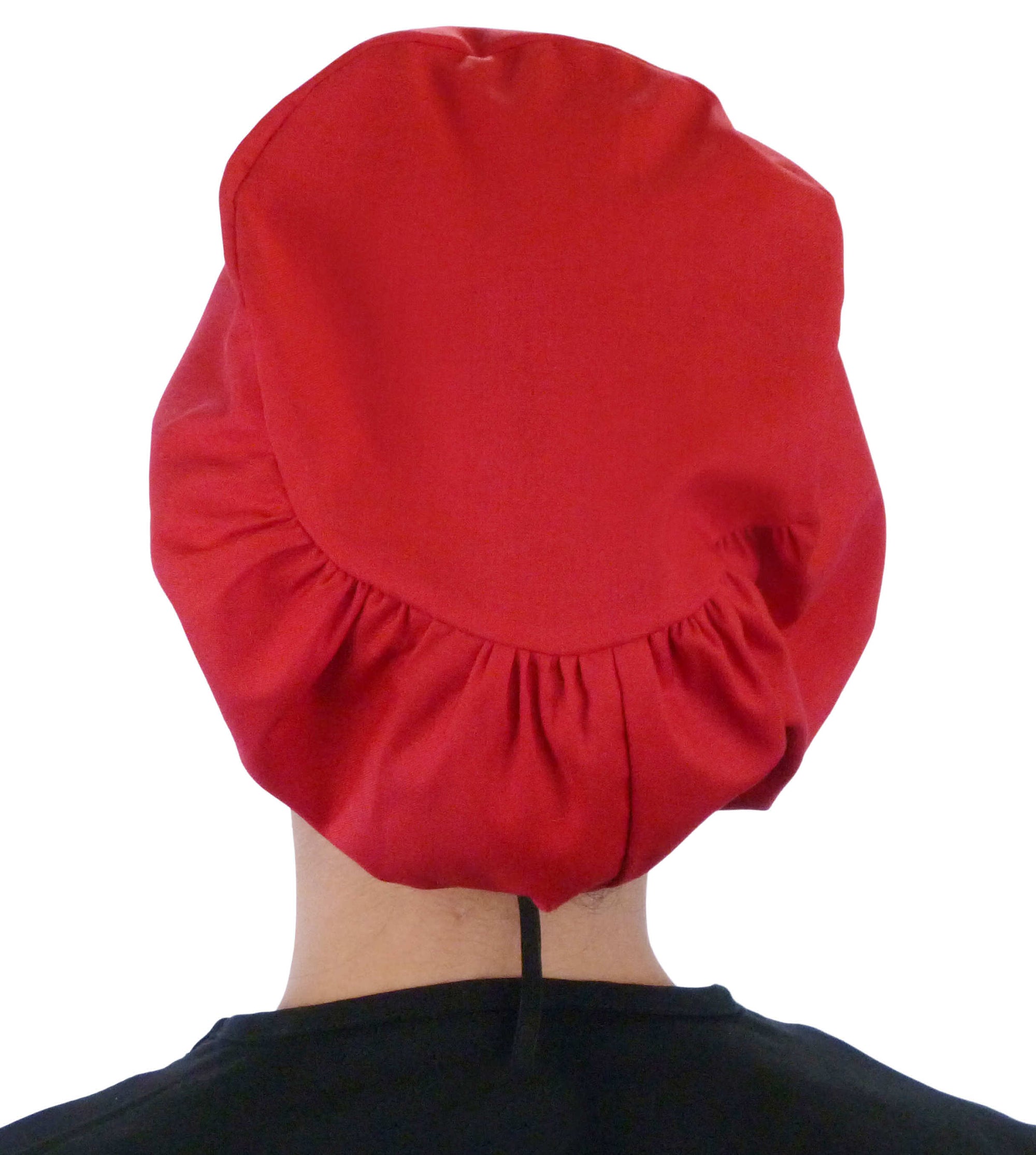 Back facing image of a woman in scrubs wearing a Red Euro Style Riley Comfort Scrub Cap.