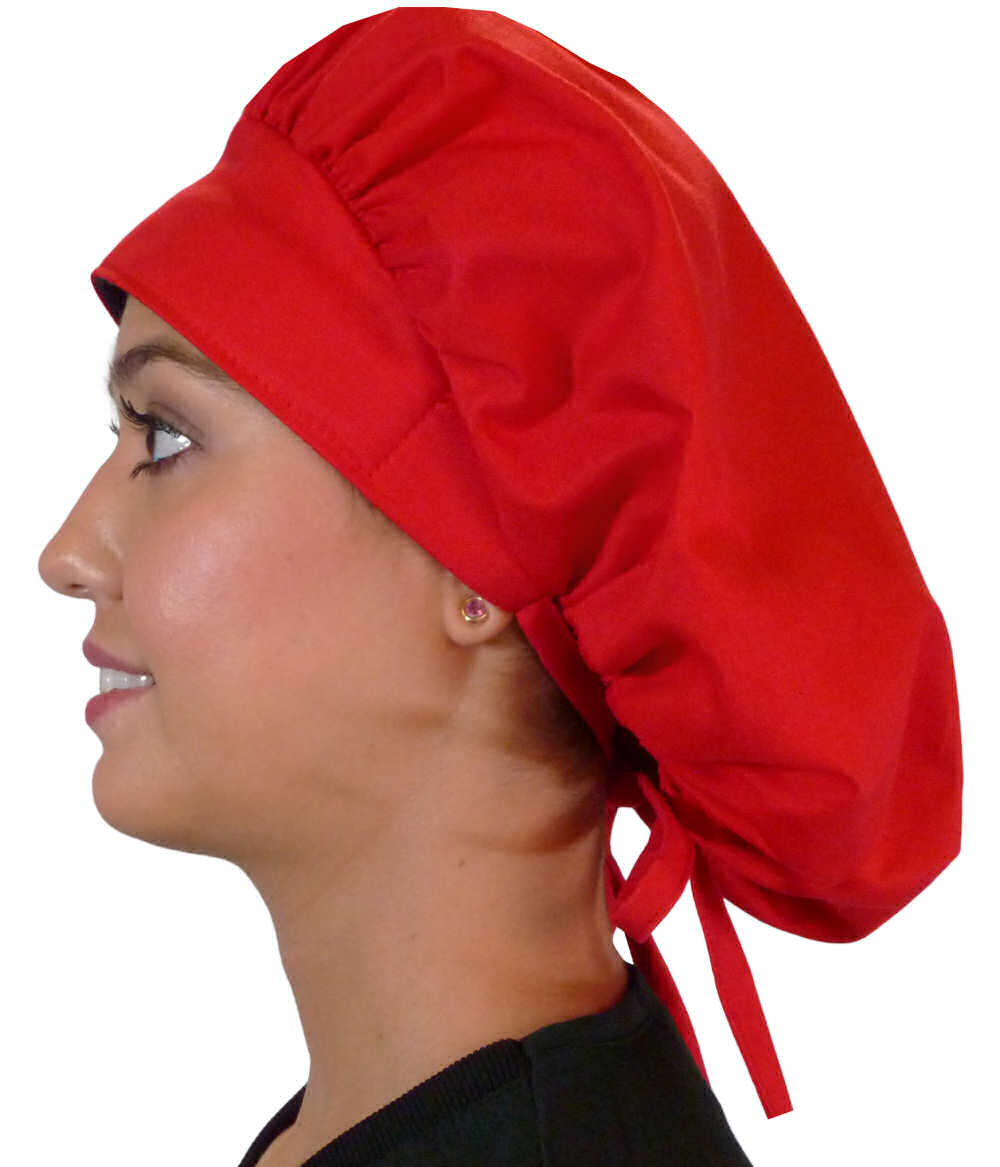 Side Facing Untied View of a Woman Wearing a Tied Back Banded Bouffant Ponytail Surgical Scrub Cap - Solid Red Fabric