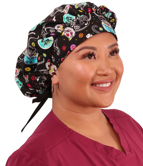 Designer Banded Bouffant Surgical Cap - X - Ray Cats with Black Ties - Designer Banded Bouffant Surgical Caps - Sparkling EARTH
