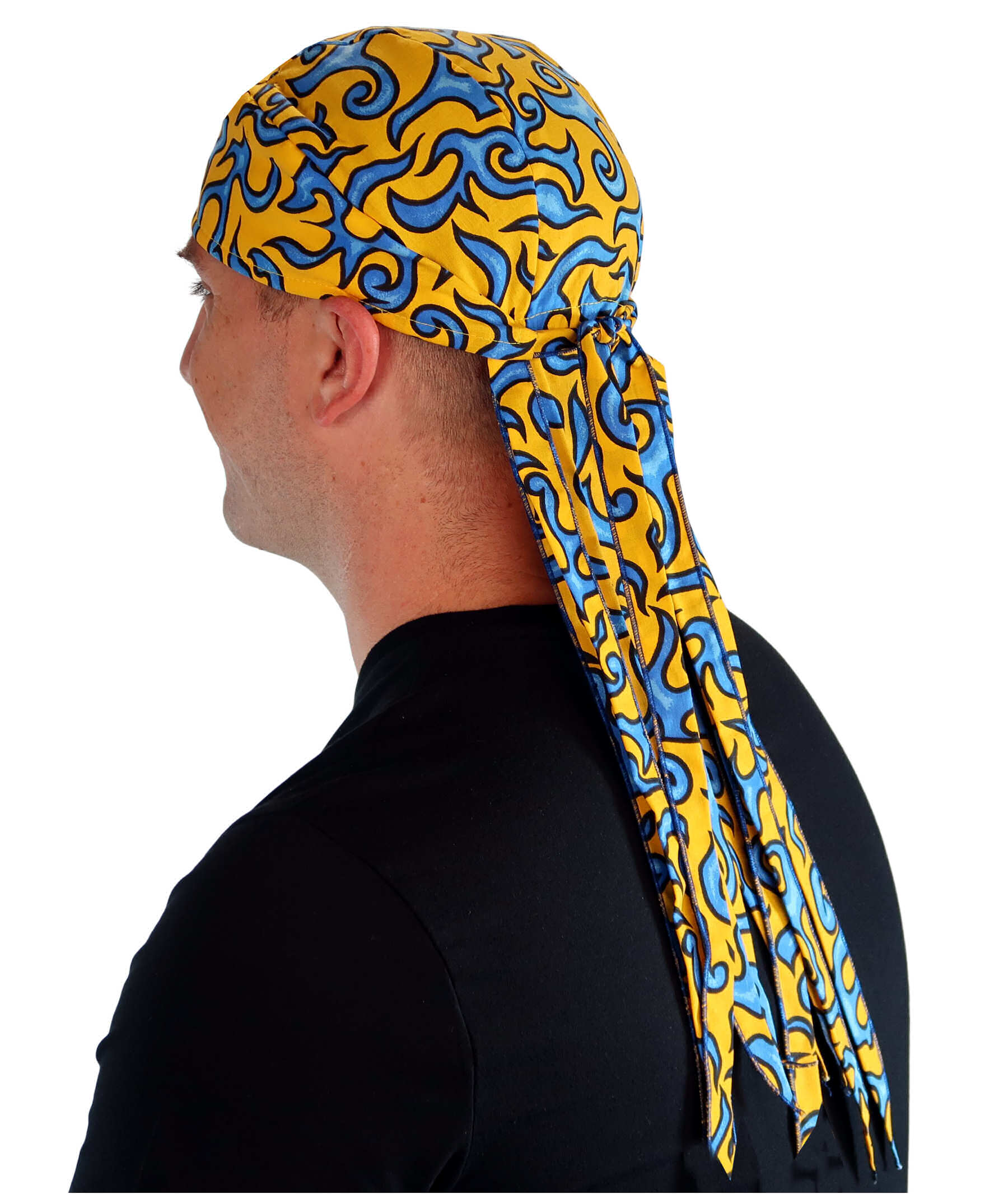 Nomad 10 Skull Cap - Rockstar Style for the Open Road - American Made - Liquid Blue Flames on Yellow - Nomad 10 Skull Caps - Sparkling EARTH