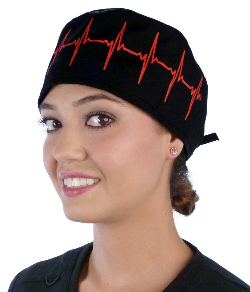 Front Facing View of a woman Wearing a Classic Cotton Surgical Scrub Cap - Red EKG (Heartbeat) on Black Pattern.