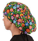 Big Hair Surgical Scrub Cap - Gorgeous Garden with Black Ties