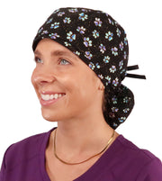 Big Hair Surgical Scrub Cap - Magical Metallic Paw Prints with Black Ties