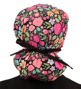 Banded Bouffant Surgical Scrub Cap - Flowers In Bloom with Black Ties