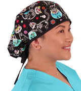 Big Hair Surgical Scrub Cap - X-Ray Cats with Black Ties