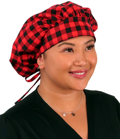 Banded Bouffant Surgical Scrub Cap - Black & Red Buffalo Checks