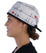 Surgical Scrub Cap - Heartbeats on White with Black Ties