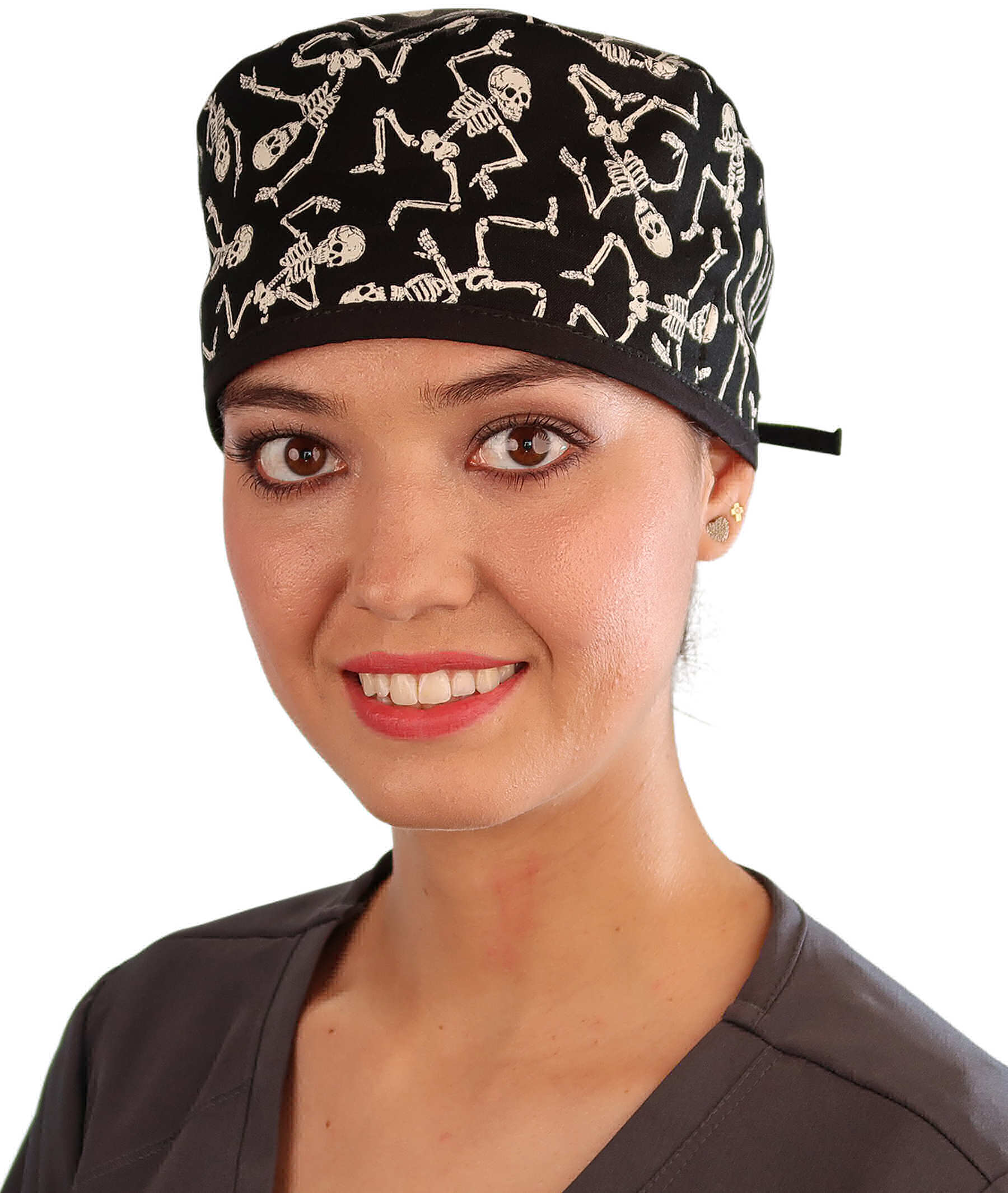 Front Facing View of a Woman Wearing a Classic Cotton Surgical Scrub Cap - Dancing Skeletons with Black Ties (Glow In The Dark) Pattern.