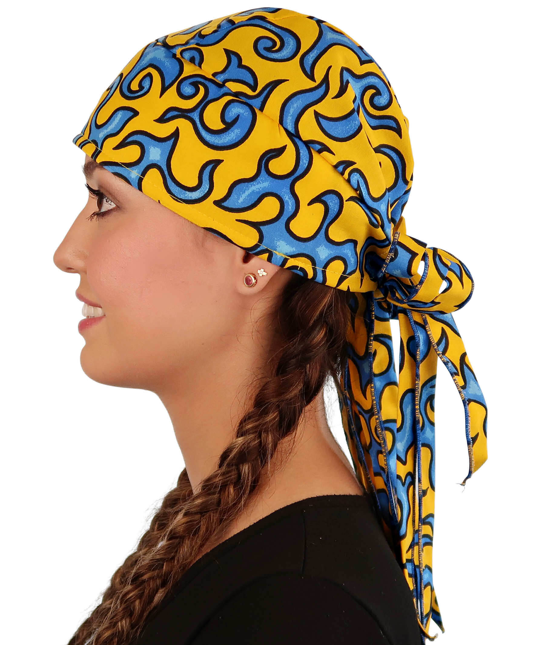 Nomad 10 Skull Cap - Rockstar Style for the Open Road - American Made - Liquid Blue Flames on Yellow - Nomad 10 Skull Caps - Sparkling EARTH