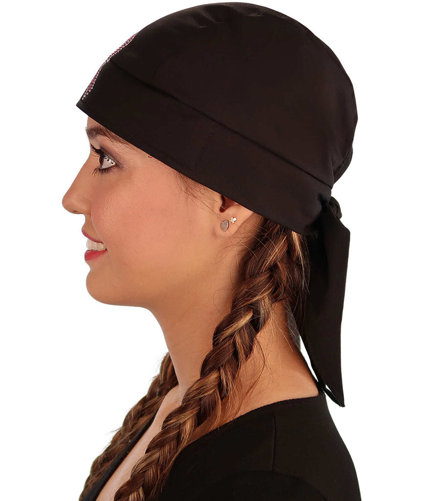 Embellished Skull Caps: Stylish and Unique Headwear - Black Skull Cap with Pink Ribbon Rhinestud/Stone Design