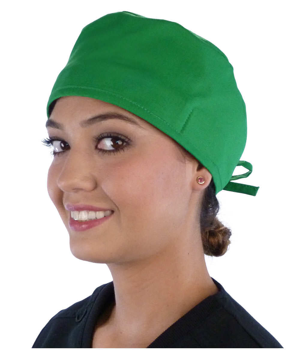 Front Facing View of a Woman Wearing a Classic Cotton Surgical Scrub Cap - Kelly Green Scrub Cap