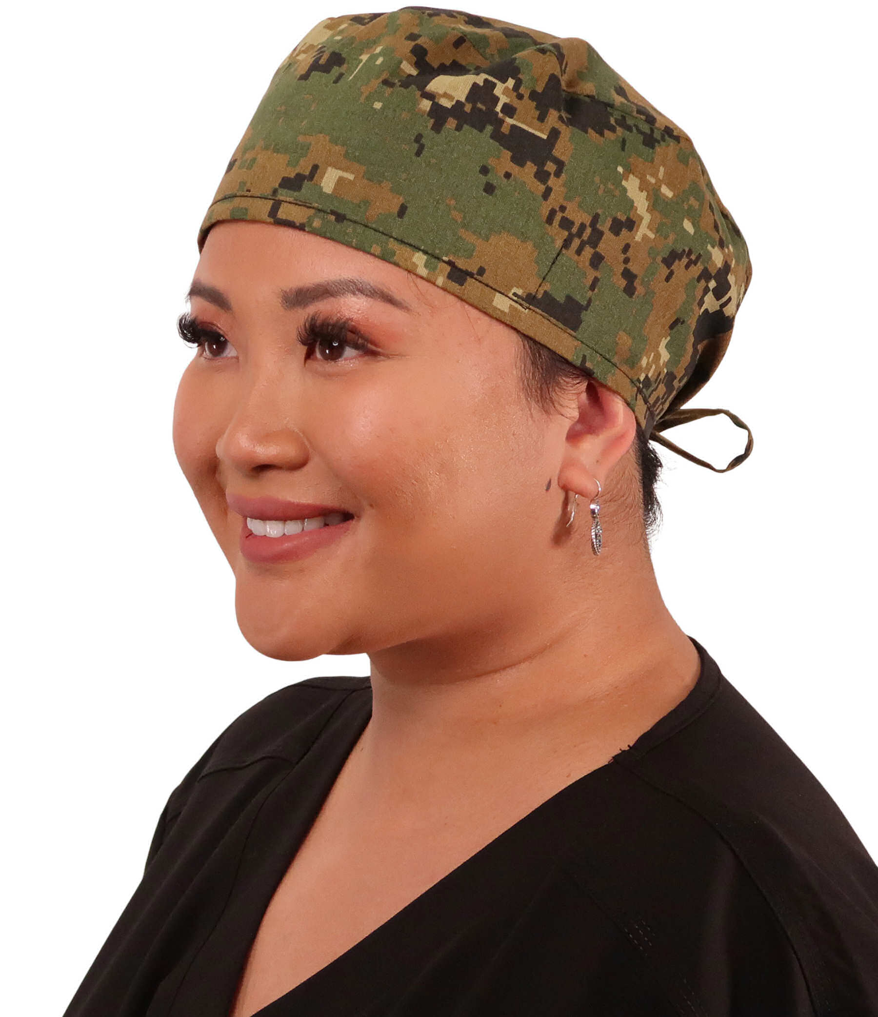 Front Facing View of a Woman Wearing a Classic Cotton Surgical Scrub Cap - Digital Green Camouflage Pattern