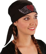 Embellished Classic Skull Cap - Black Skull Cap with Large Heart & Wings Rhinestud/Stone Design