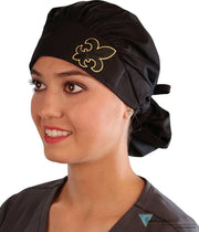 Embellished Banded Bouffant - Black With Fleur De Lis Patch Surgical Scrub Caps