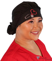 Embellished Banded Bouffant - Black With Heart Stethoscope Patch Surgical Scrub Caps