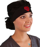 Embellished Banded Bouffant - Black With Medical Heart Patch Surgical Scrub Caps