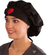 Embellished Banded Bouffant - Black With Medical Heart Patch Surgical Scrub Caps