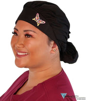 Embellished Banded Bouffant - Black With Pastel Butterfly Patch Surgical Scrub Caps