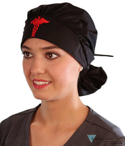 Embellished Banded Bouffant - Black With Red Caduceus Patch Surgical Scrub Caps