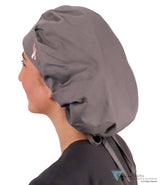 Embellished Banded Bouffant - Dark Grey With Small Pink Ribbon Patch Surgical Scrub Caps