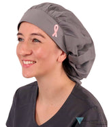 Embellished Banded Bouffant - Dark Grey With Small Pink Ribbon Patch Surgical Scrub Caps