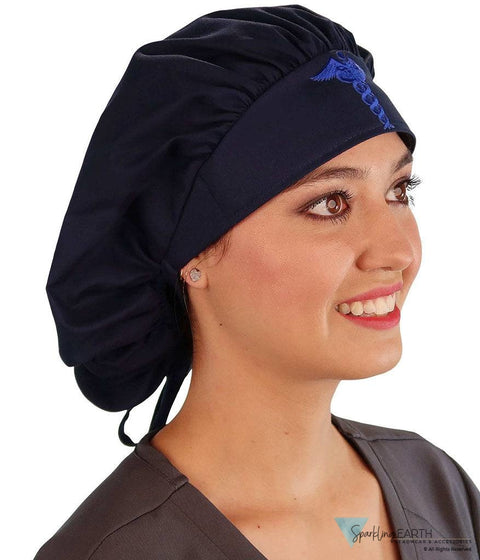 Embellished Banded Bouffant - Navy With Blue Caduceus Patch Surgical Scrub Caps