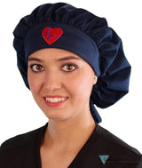 Embellished Banded Bouffant - Navy With Medical Heart Patch Surgical Scrub Caps