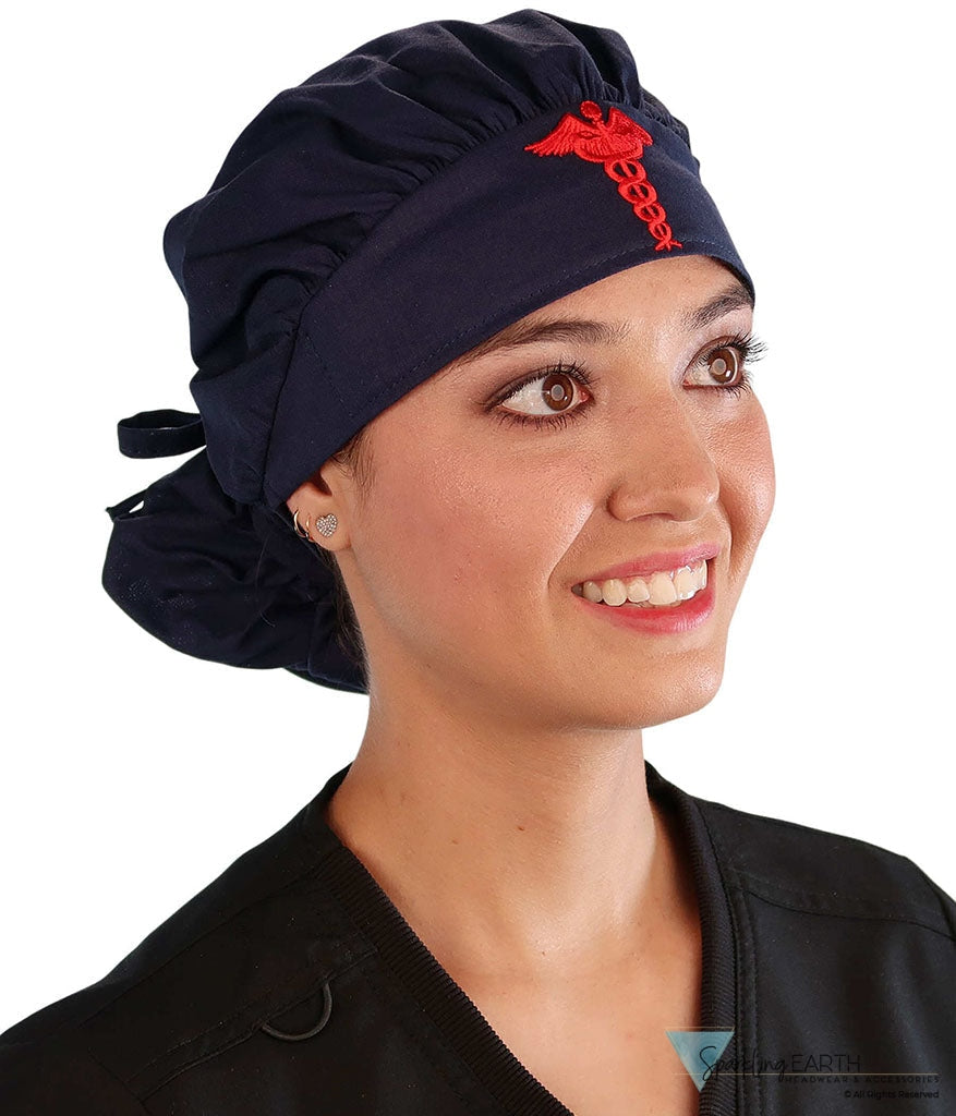 Embellished Banded Bouffant - Navy Banded Bouffant with Red Caduceus Patch - Banded Bouffant Surgical Scrub Caps - Sparkling EARTH