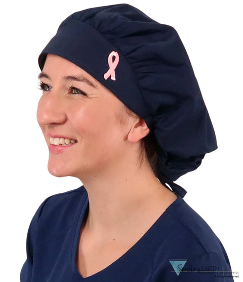 Embellished Banded Bouffant - Navy With Small Pink Ribbon Patch Surgical Scrub Caps