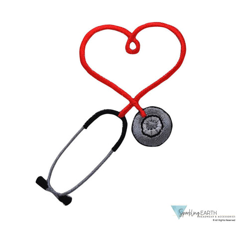 Embellished Banded Bouffant Ponytail Scrub Cap - American Made - Royal Blue Banded Bouffant with Heart Stethoscope