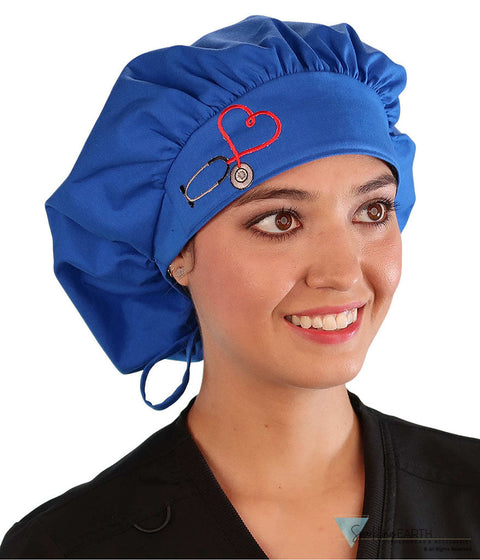 Embellished Banded Bouffant Ponytail Scrub Cap - American Made - Royal Blue Banded Bouffant with Heart Stethoscope