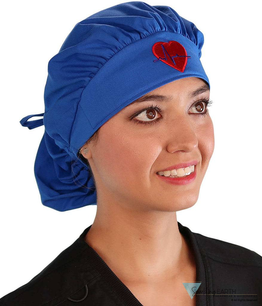 Embellished Banded Bouffant - Royal Blue With Medical Heart Patch Surgical Scrub Caps