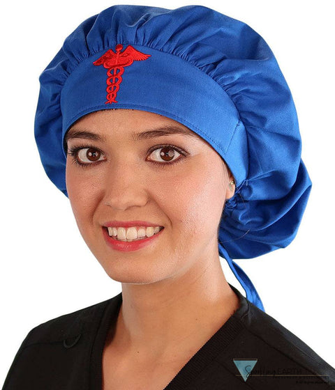 Embellished Banded Bouffant - Royal Blue With Red Caduceus Patch Surgical Scrub Caps