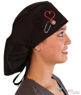 Embellished Big Hair Ponytail Scrub Cap for Long Hair - Made in USA - Black Big Hair with Heart Stethoscope Patch Big