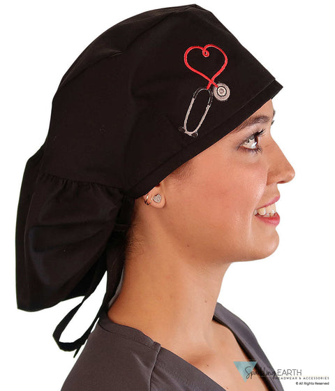 Embellished Big Hair Ponytail Scrub Cap for Long Hair - Made in USA - Black Big Hair with Heart Stethoscope Patch Big