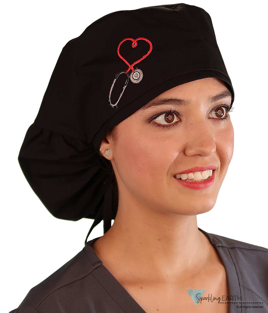 Embellished Big Hair Ponytail Scrub Cap for Long Hair - Made in USA - Black Big Hair with Heart Stethoscope Patch Big
