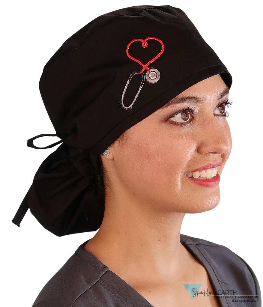 Embellished Big Hair Ponytail Scrub Cap for Long Hair - Made in USA - Black Big Hair with Heart Stethoscope Patch Big