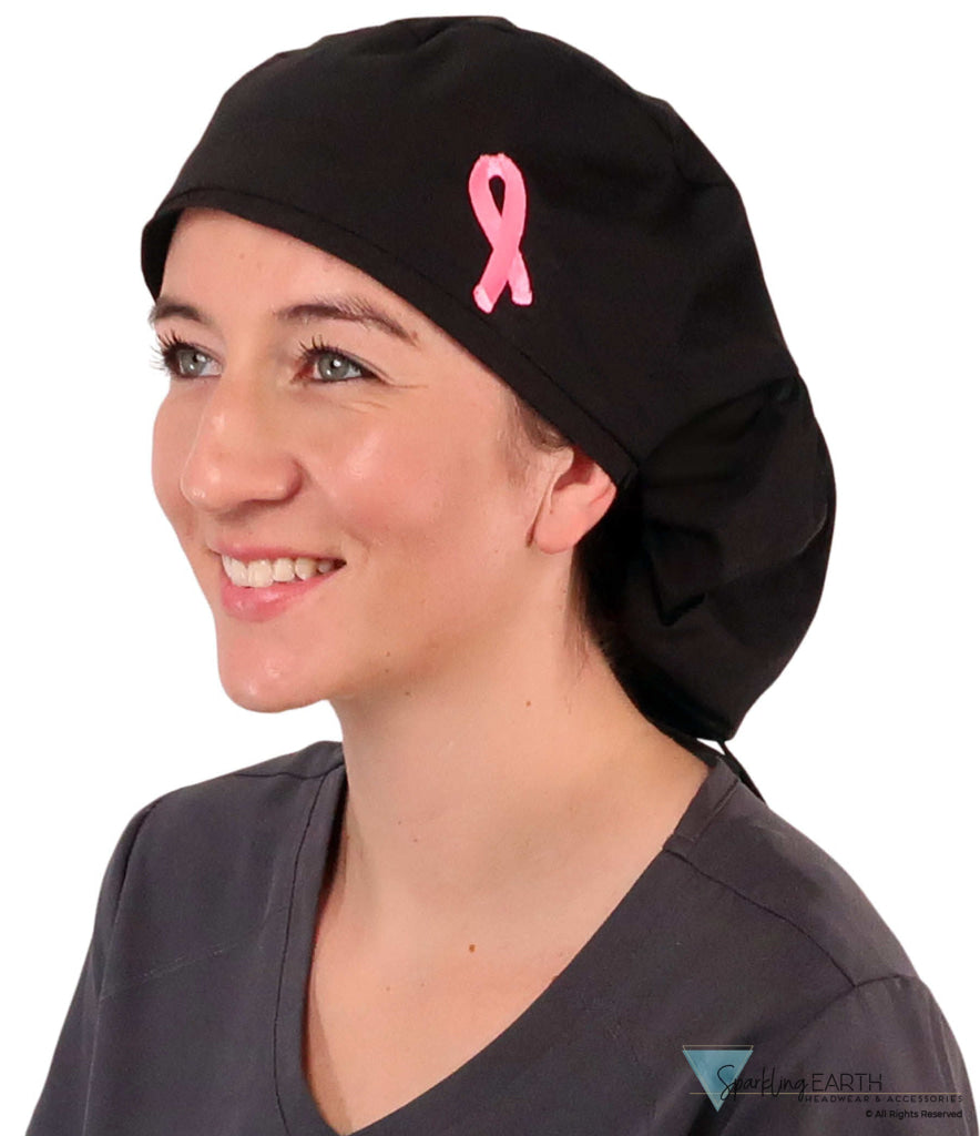 Embellished Big Hair Ponytail Scrub Cap for Long Hair - Made in USA - Black Big Hair with Medium Pink Ribbon Patch Big