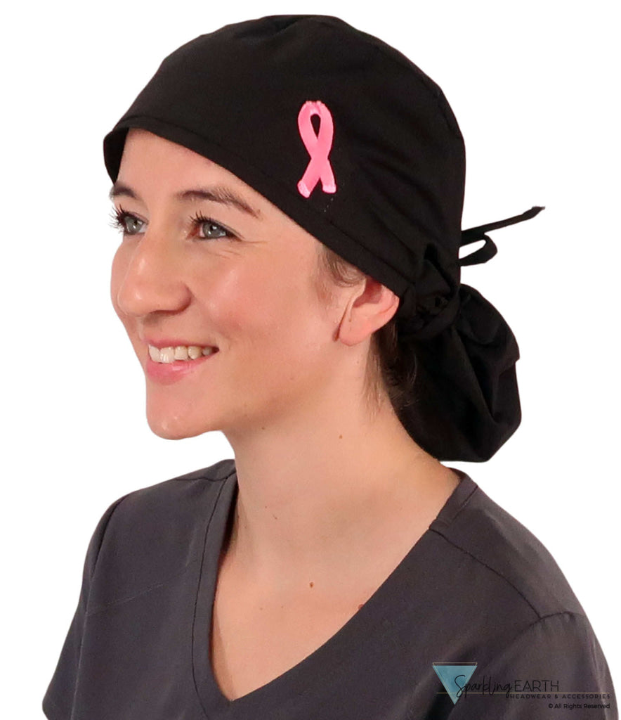 Embellished Big Hair Ponytail Scrub Cap for Long Hair - Made in USA - Black Big Hair with Medium Pink Ribbon Patch Big