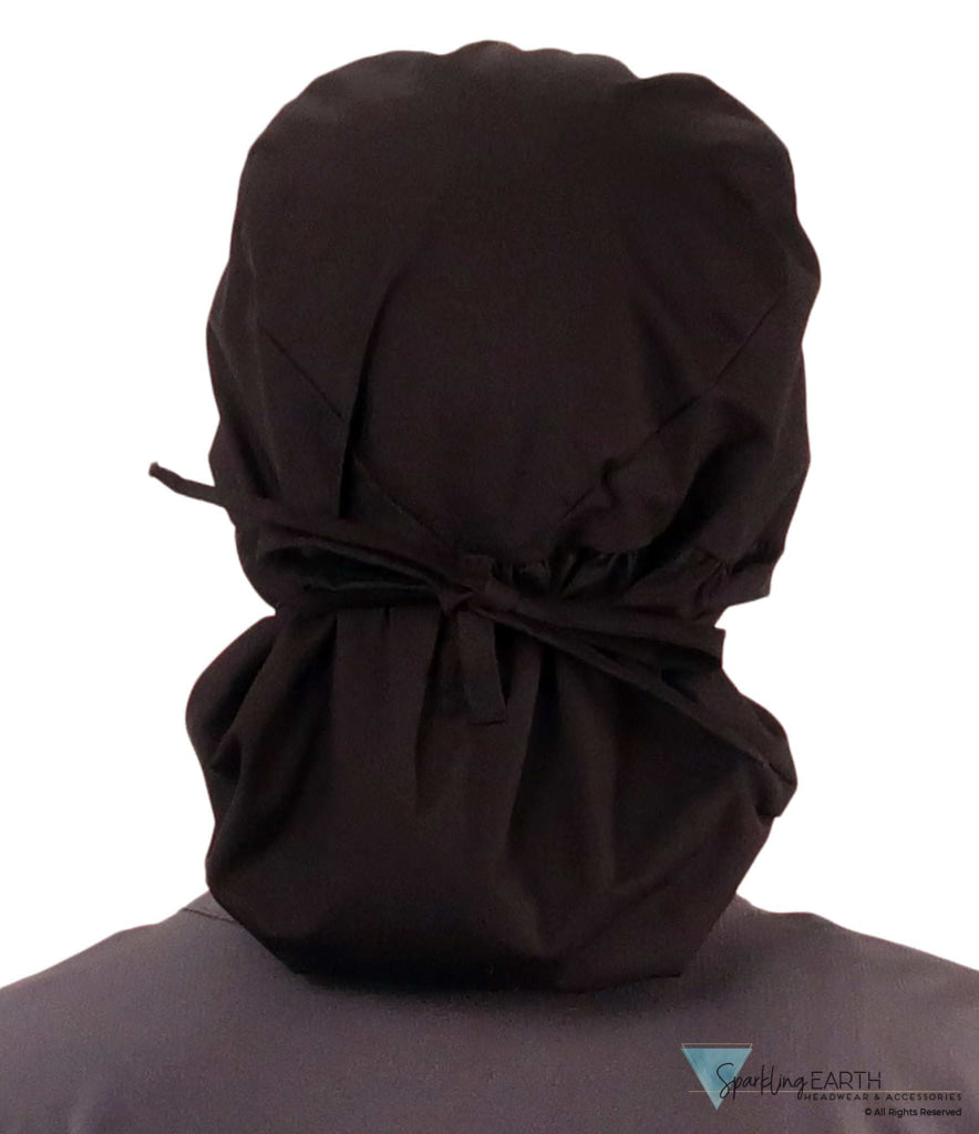 Embellished Big Hair Ponytail Scrub Cap for Long Hair - Made in USA - Black Big Hair with Medium Pink Ribbon Patch Big