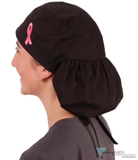 Embellished Big Hair Surgical Cap - Black Big Hair with Medium Pink Ribbon Patch - Big Hair Surgical Scrub Caps - Sparkling EARTH